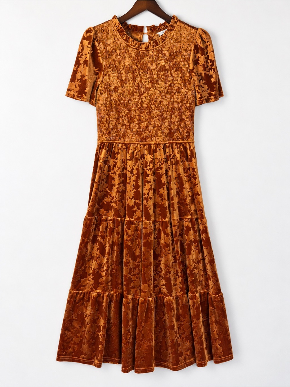 Burnout Velvet Floral Smocked Tiered Maxi Dress Rust Brown L